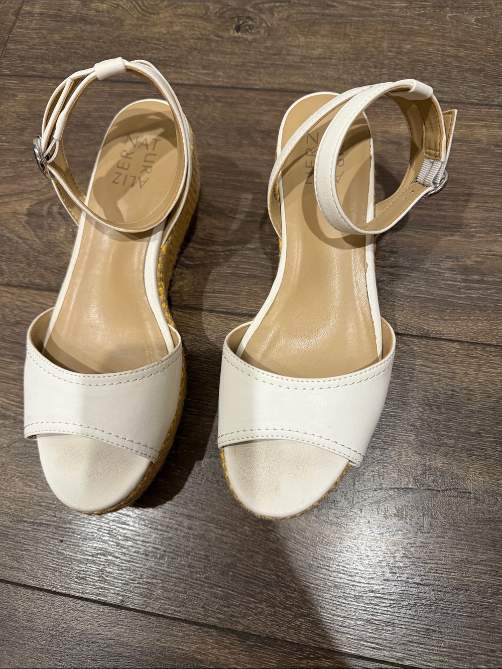 Naturalizer White Leather Espadrille Wedge Sandals with Ankle Strap